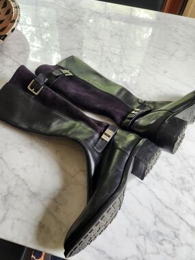 Cole Haan Black Leather and and Stretch Material in Back, Knee-High Buckle Boots